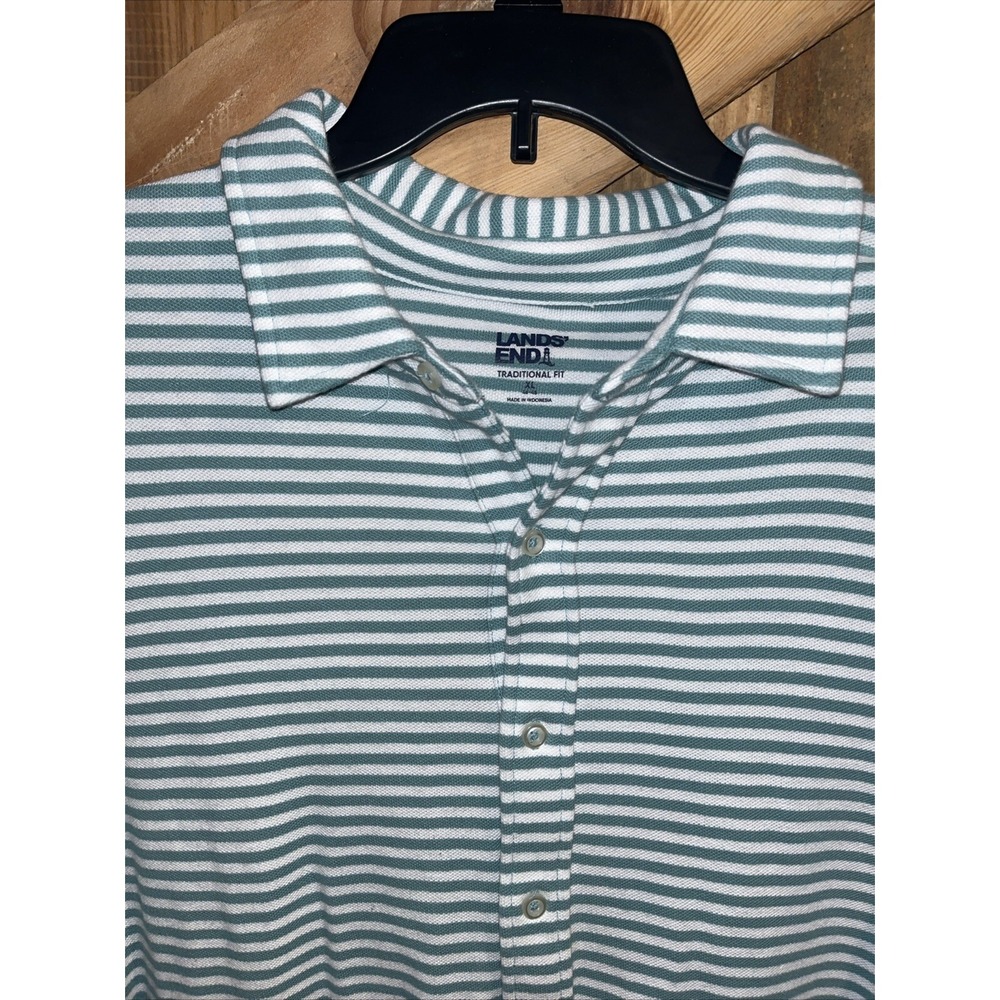 Preppy Lands End Shirt XL Green White Stripe Knit Button Up Long Sleeve Casual - Picture 2 of 15